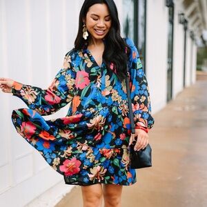 Fate Black Floral Baby Doll Maximalism Print Long Sleeve Dress